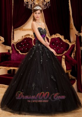 Black Quinceanera Gown Dress Sweetheart Tulle Appliques