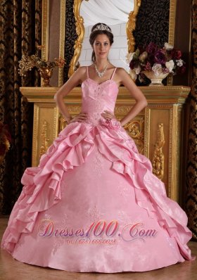 Pink Quinceanera Dress Straps Taffeta Beading Appliques