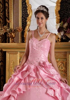 Pink Quinceanera Dress Straps Taffeta Beading Appliques