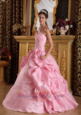 Pink Quinceanera Dress Straps Taffeta Beading Appliques