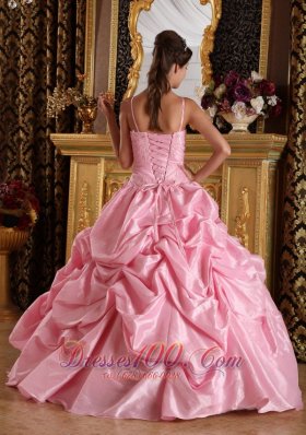 Pink Quinceanera Dress Straps Taffeta Beading Appliques