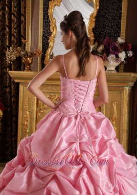 Pink Quinceanera Dress Straps Taffeta Beading Appliques