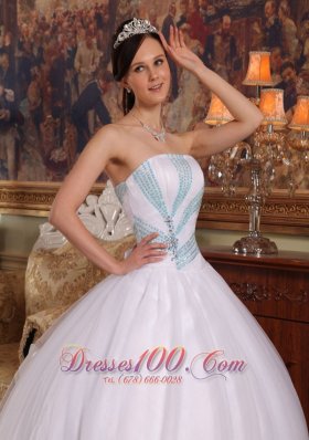 White Quinceanera Dress Ruched Strapless Organza Beading