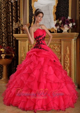 Coral Red Quinceanera Dress Sweetheart Organza Appliques