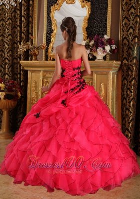 Coral Red Quinceanera Dress Sweetheart Organza Appliques