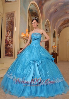 Baby Blue Quinceanera Dress Strapless Bows Sequins