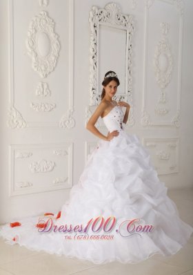 White Quinceanera Dress Strapless Organza Beading Floral