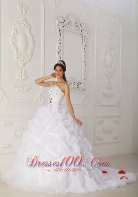 White Quinceanera Dress Strapless Organza Beading Floral