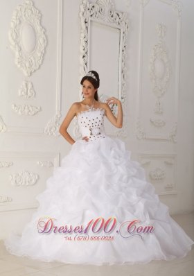 White Quinceanera Dress Strapless Organza Beading Floral