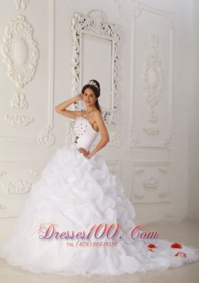 White Quinceanera Dress Strapless Organza Beading Floral