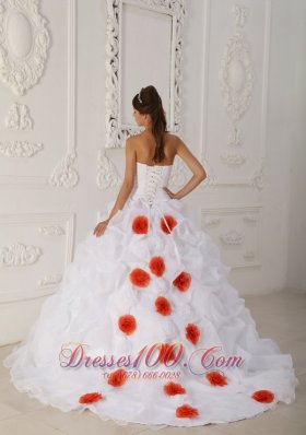 White Quinceanera Dress Strapless Organza Beading Floral