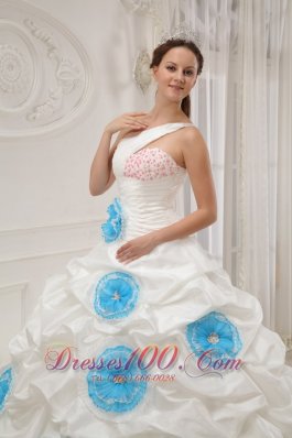 White Quinceanera Dress One Shoulder Taffeta Beading