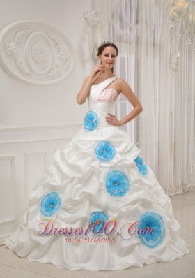 White Quinceanera Dress One Shoulder Taffeta Beading