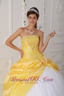 Yellow White Quinceanera Dress Strapless Organza Taffeta