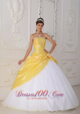 Yellow White Quinceanera Dress Strapless Organza Taffeta