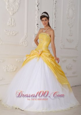 Yellow White Quinceanera Dress Strapless Organza Taffeta