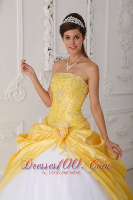 Yellow White Quinceanera Dress Strapless Organza Taffeta