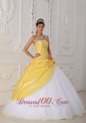 Yellow White Quinceanera Dress Strapless Organza Taffeta