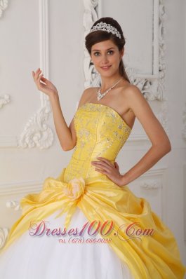 Yellow White Quinceanera Dress Strapless Organza Taffeta