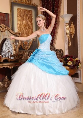 Strapless Taffeta Tulle Floral Beaded Quinceanera Dress