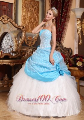 Strapless Taffeta Tulle Floral Beaded Quinceanera Dress