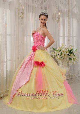 Handmade Flowers Pink and Yellow Tulle Qunceanera Dress