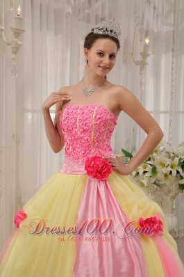 Handmade Flowers Pink and Yellow Tulle Qunceanera Dress