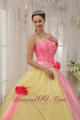 Handmade Flowers Pink and Yellow Tulle Qunceanera Dress