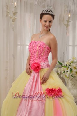 Handmade Flowers Pink and Yellow Tulle Qunceanera Dress