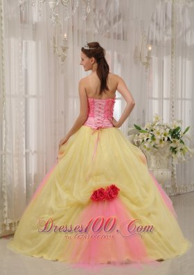 Handmade Flowers Pink and Yellow Tulle Qunceanera Dress