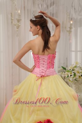 Handmade Flowers Pink and Yellow Tulle Qunceanera Dress