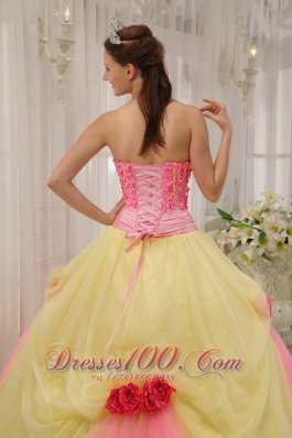 Handmade Flowers Pink and Yellow Tulle Qunceanera Dress