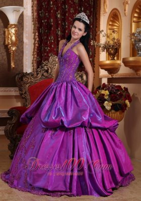 Purple Simple Dresss for Quinceanera Halter Taffeta Appliques