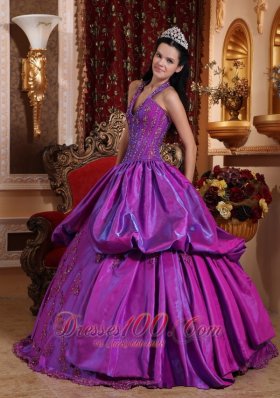 Purple Simple Dresss for Quinceanera Halter Taffeta Appliques