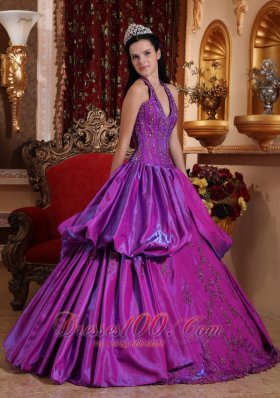 Purple Simple Dresss for Quinceanera Halter Taffeta Appliques