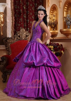 Purple Simple Dresss for Quinceanera Halter Taffeta Appliques