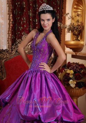 Purple Simple Dresss for Quinceanera Halter Taffeta Appliques