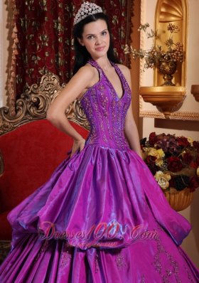 Purple Simple Dresss for Quinceanera Halter Taffeta Appliques