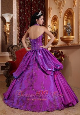 Purple Simple Dresss for Quinceanera Halter Taffeta Appliques