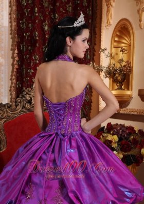 Purple Simple Dresss for Quinceanera Halter Taffeta Appliques