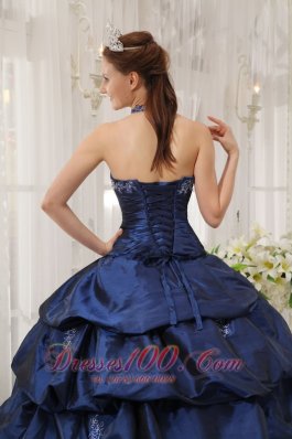 Appliques Decorate Navy Blue Quinceanera Dress Halter Taffeta