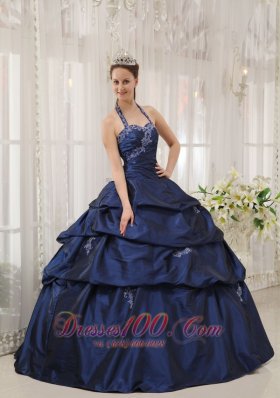 Appliques Decorate Navy Blue Quinceanera Dress Halter Taffeta