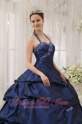 Appliques Decorate Navy Blue Quinceanera Dress Halter Taffeta