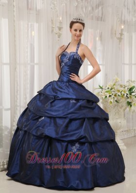 Appliques Decorate Navy Blue Quinceanera Dress Halter Taffeta