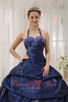 Appliques Decorate Navy Blue Quinceanera Dress Halter Taffeta