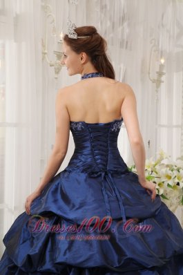 Appliques Decorate Navy Blue Quinceanera Dress Halter Taffeta