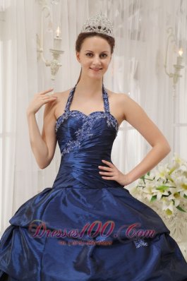 Appliques Decorate Navy Blue Quinceanera Dress Halter Taffeta