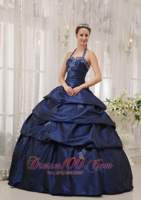 Appliques Decorate Navy Blue Quinceanera Dress Halter Taffeta