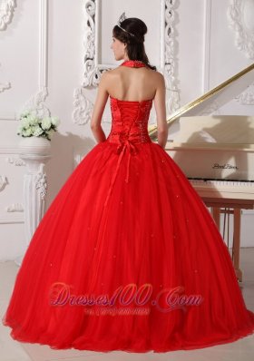 Red Halter Quinceanera Dress Tulle Beading Ball Gown