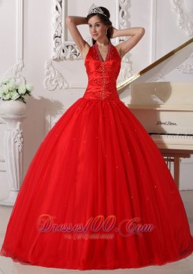 Red Halter Quinceanera Dress Tulle Beading Ball Gown